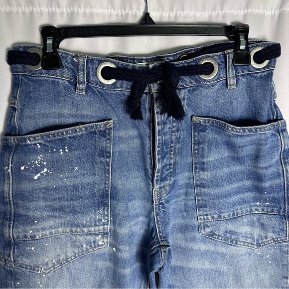 We The Free Moxie Low Slung Pull-on Barrel Jeans 25 Paint Splatter Drawstring - Picture 10 of 16